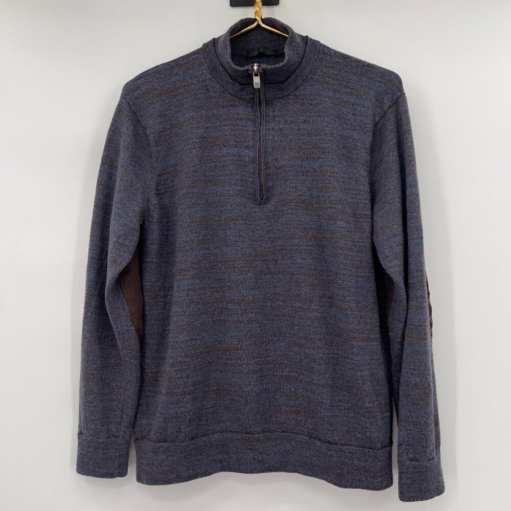 Raffi Men’s 100% Merino Wool 1/4 Zip Sweater Brown Blue Elbow Patches Size M